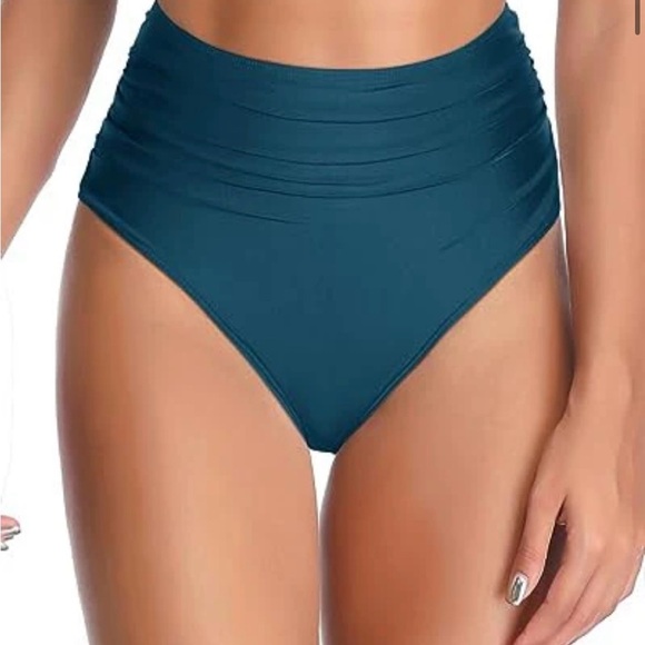 NWT Tempt Me Teal Vintage Swimsuit Retro Halter Ruched High Waist Bikini Set - Picture 3 of 16